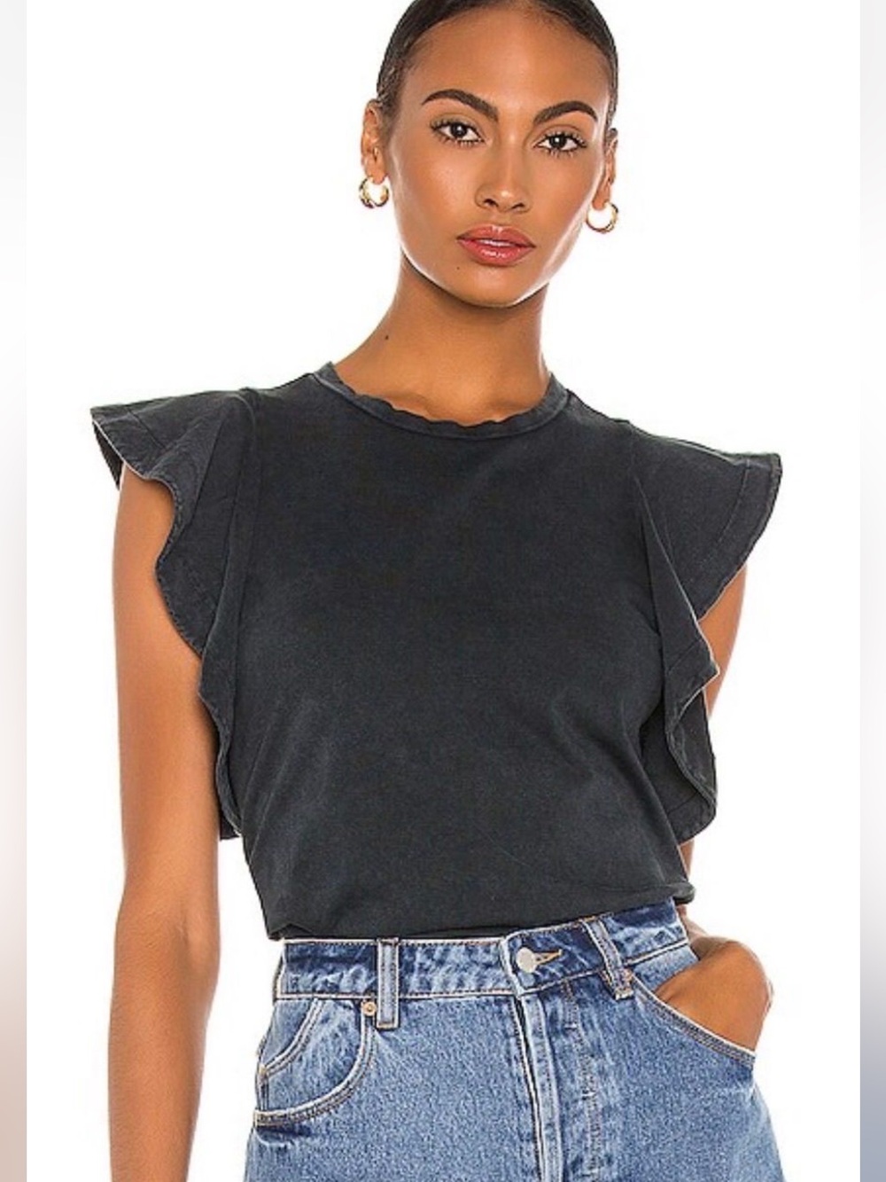 All Saints black gray wash Lara ruffle cami tshirt shirt 4 XS S